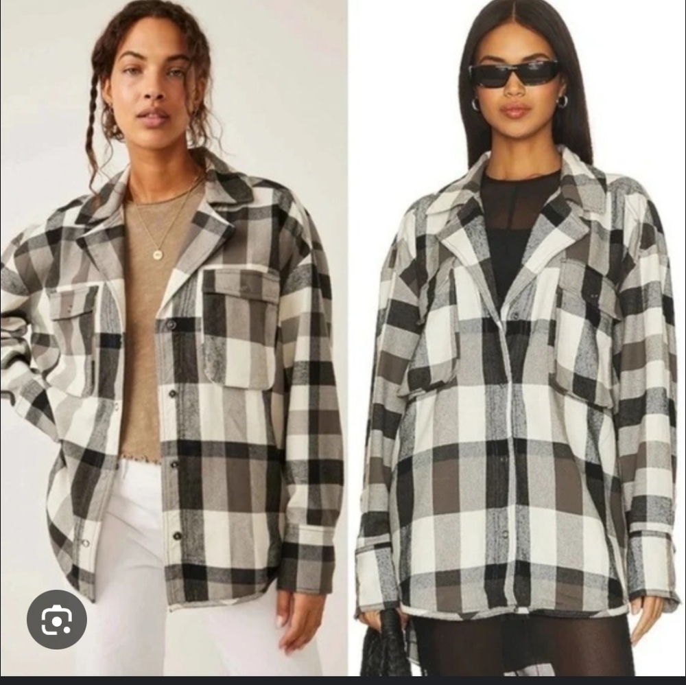 Free People We The Free Izzy Cargo Plaid Women's Shirt- Black, White, Brown XL